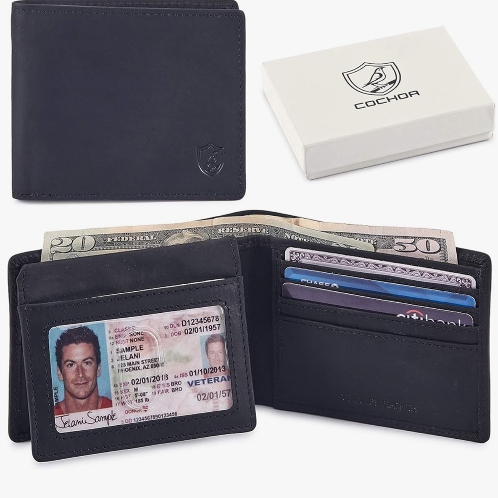 New Cochoa Black Bifold Leather Slim RFID Wallet Identify Protection Crazy Horse